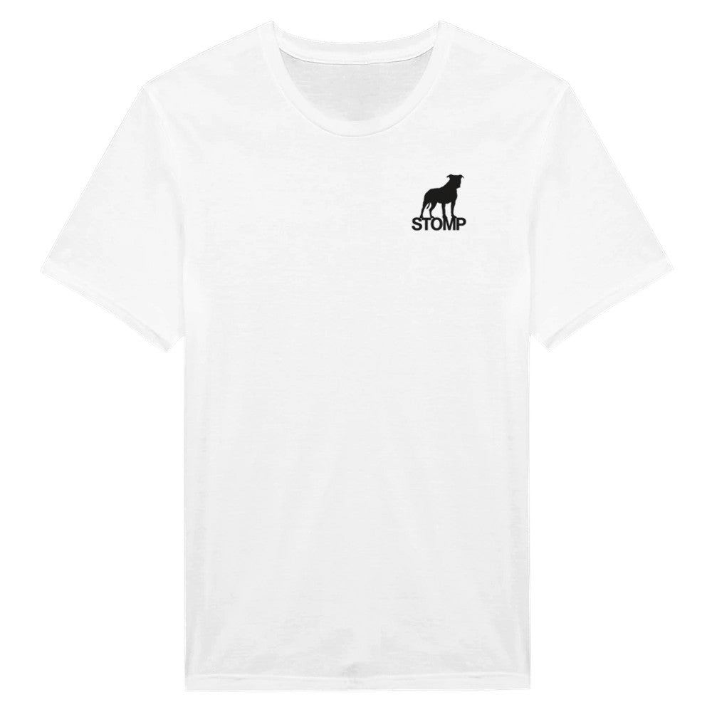 White t-shirt with a black logo on a white background