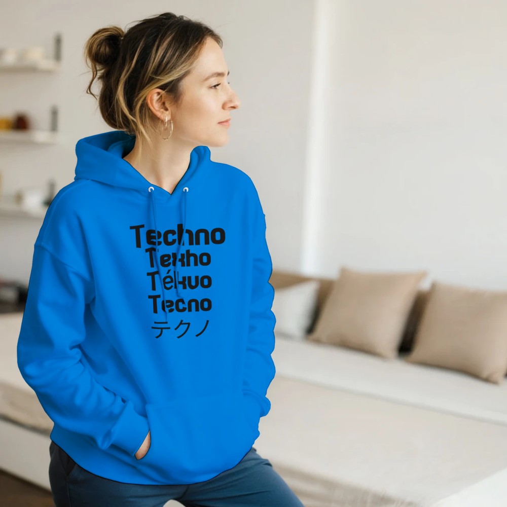 techno in different languages in a big bold black lettering - unisex rave hoodie - stomp - blue