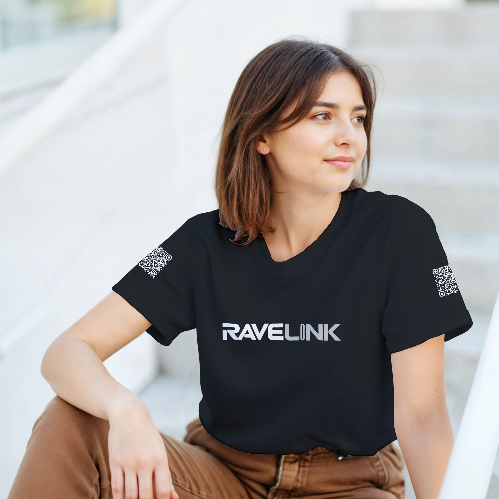 a black Rave t-shirt with a white custom Tiktok handle and custom QR codes on the arms of the shirt - RaveLink