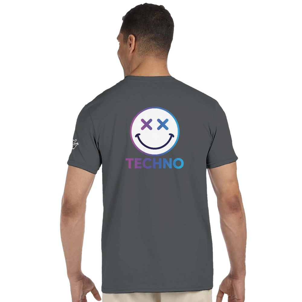Unisex charcoal tshirt for Adults – Music Festival Streetwear Rave Clothing – Techno, EDM, DJ Shirt - a blue techno smiley print