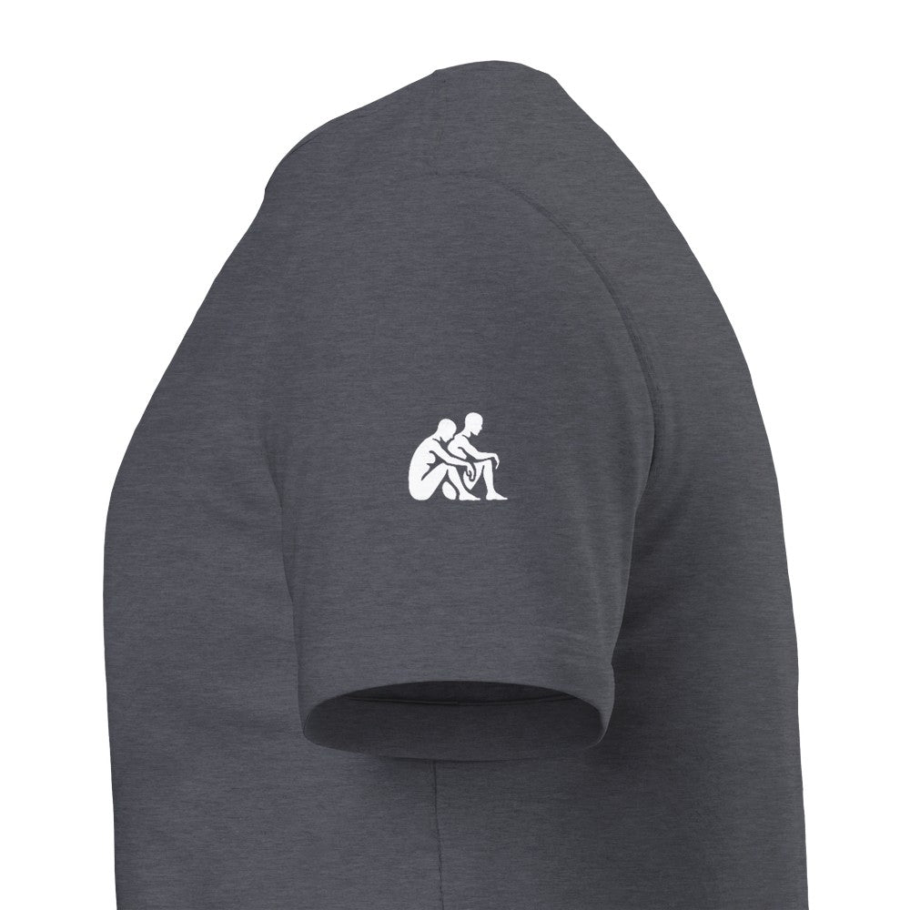 Gray t-shirt with a white logo on the sleeve against a white background