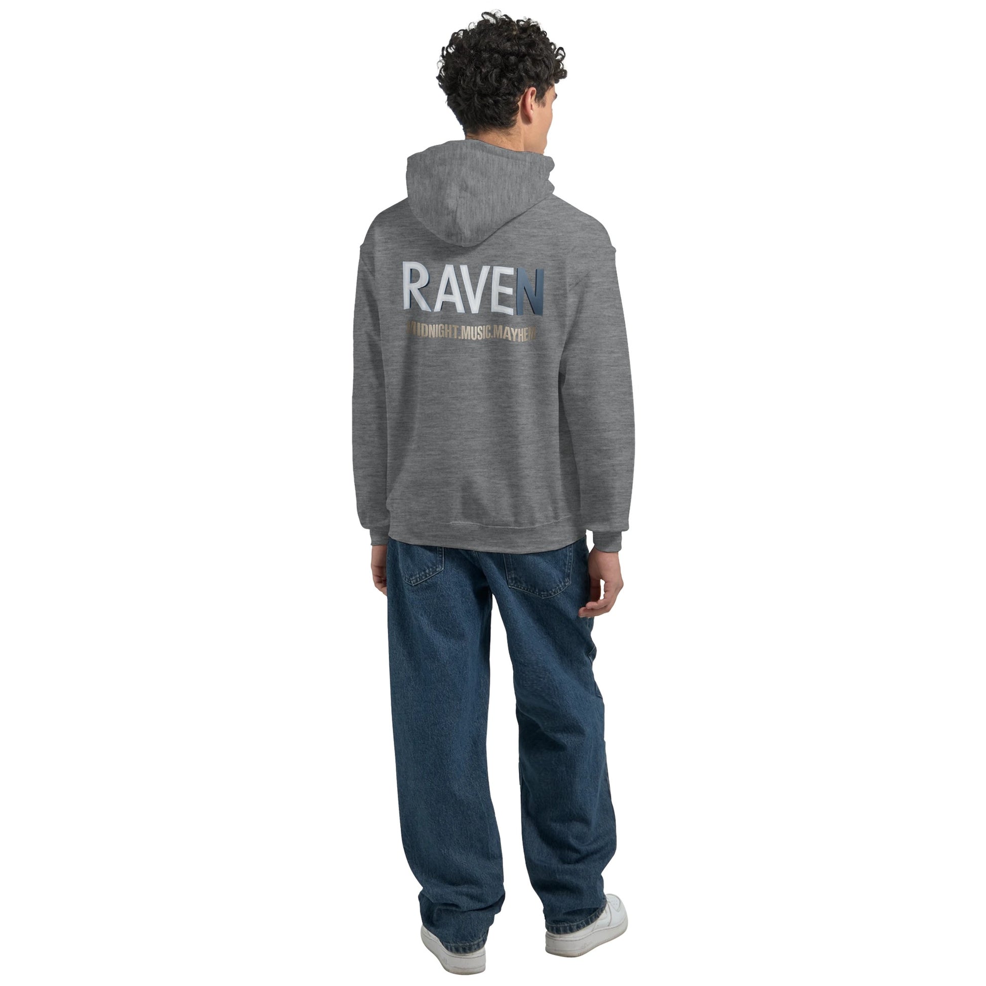 Unisex Grey Hoodie for Adults – Music Festival Streetwear Rave Clothing – Techno, EDM, DJ Shirt - Raven Midnight Music Masness print