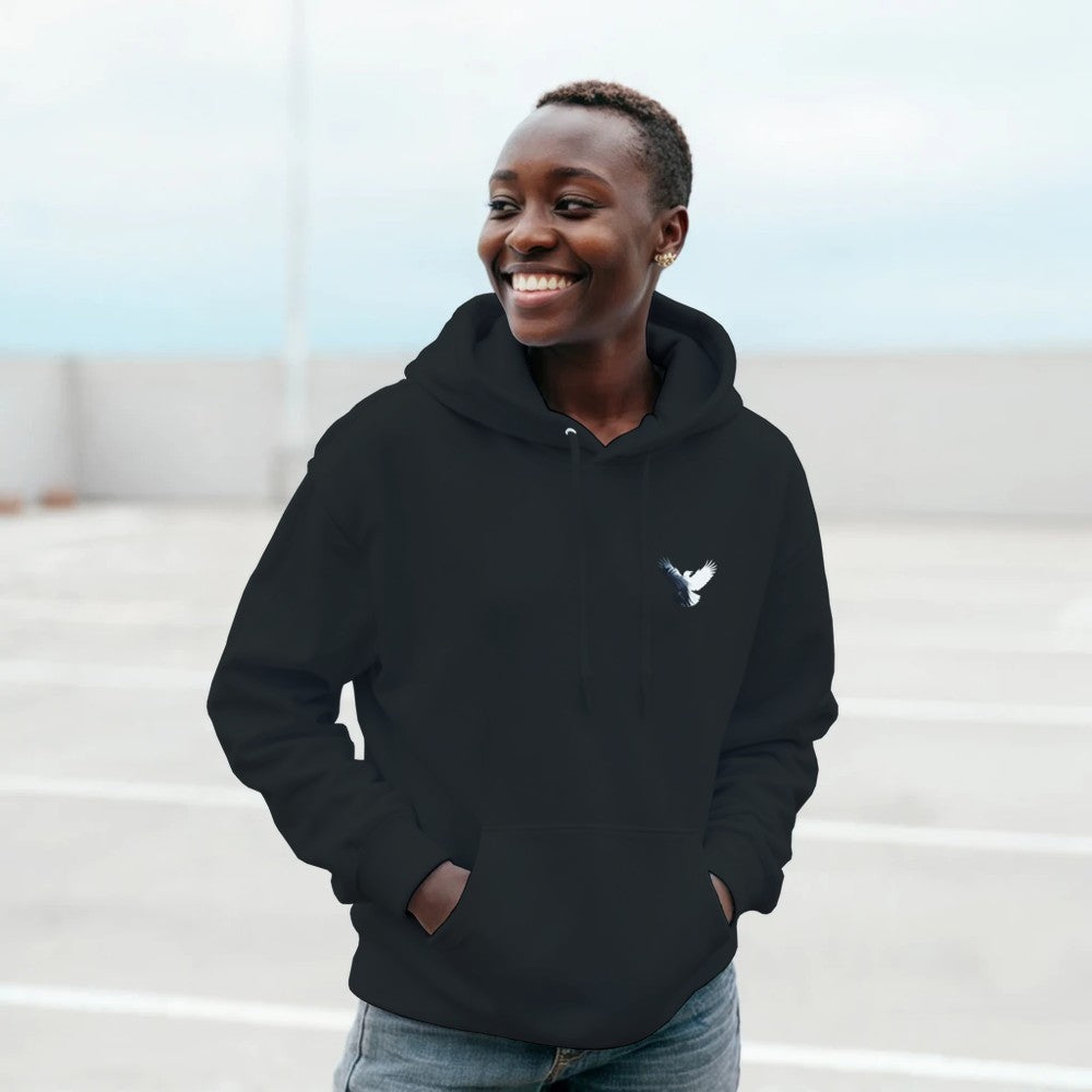 Unisex Black hoodie for Adults – Music Festival Streetwear Rave Clothing – Techno, EDM, DJ Shirt - Raven midnight music mayhem print on the back. Stomp brand