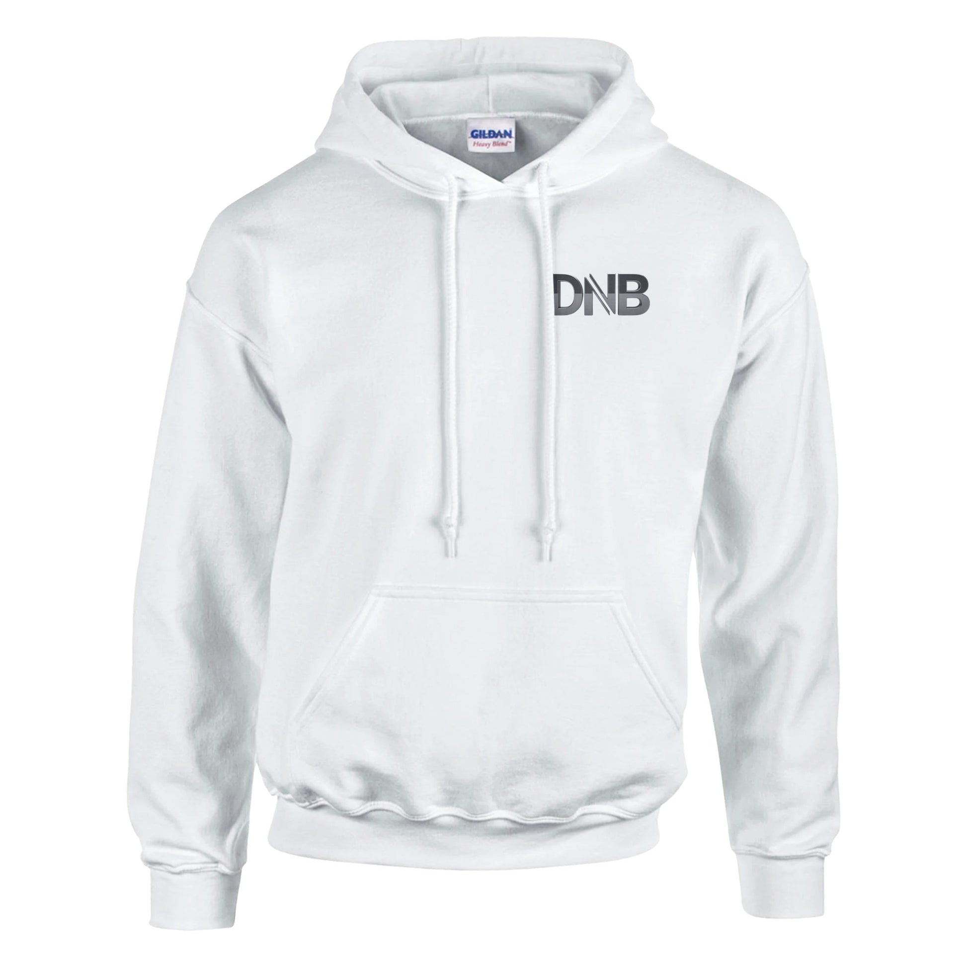 White hoodie with 'DNB' logo on a white background