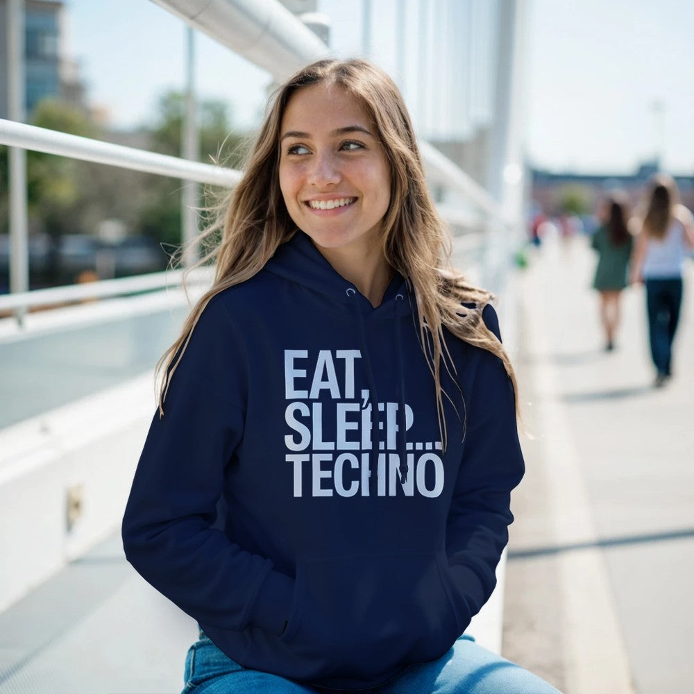 Unisex Navy Hoodie for Adults – Music Festival Streetwear Rave Clothing – Techno, EDM, DJ Shirt - Eat Sleep Techno print