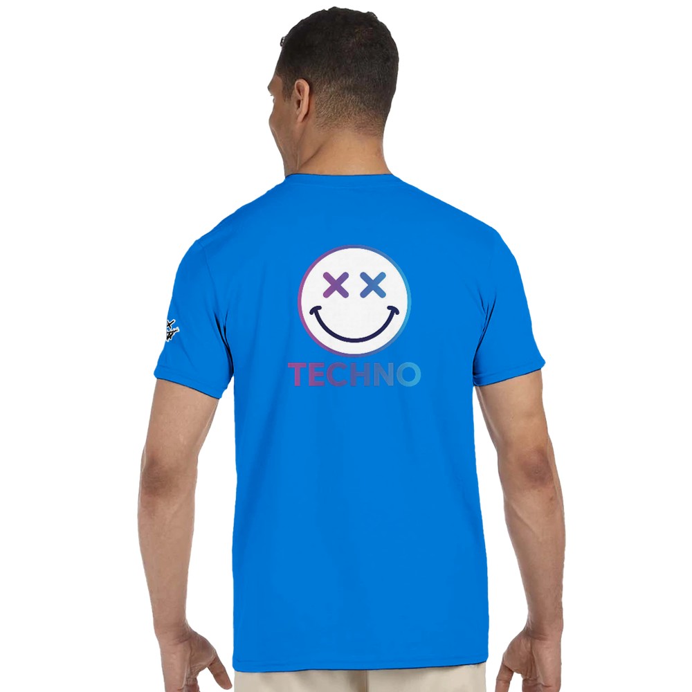 Unisex blue t-shirt for Adults – Music Festival Streetwear Rave Clothing – Techno, EDM, DJ Shirt - a blue techno smiley print