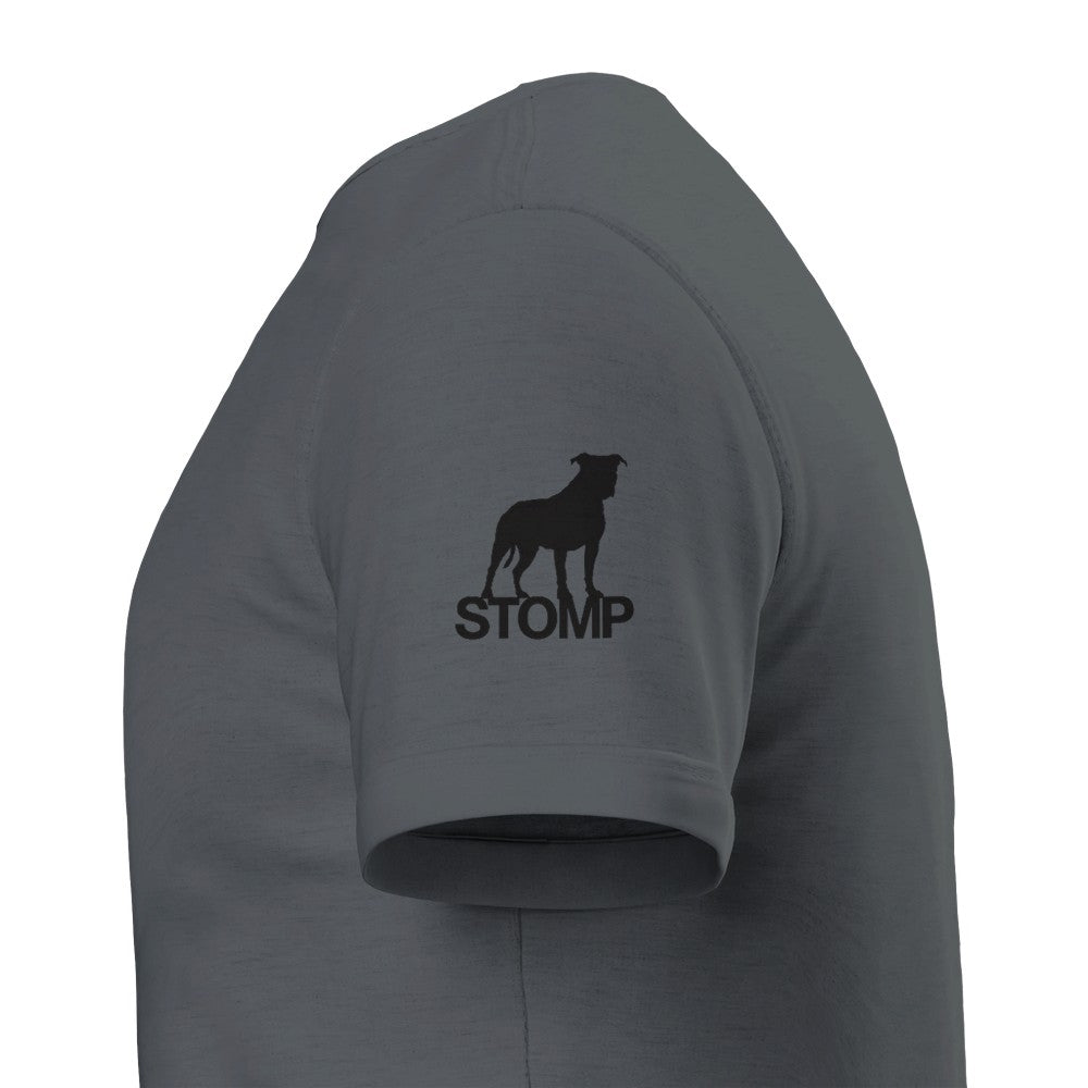 Gray t-shirt with a black silhouette of a dog and the word 'STOMP' on a white background