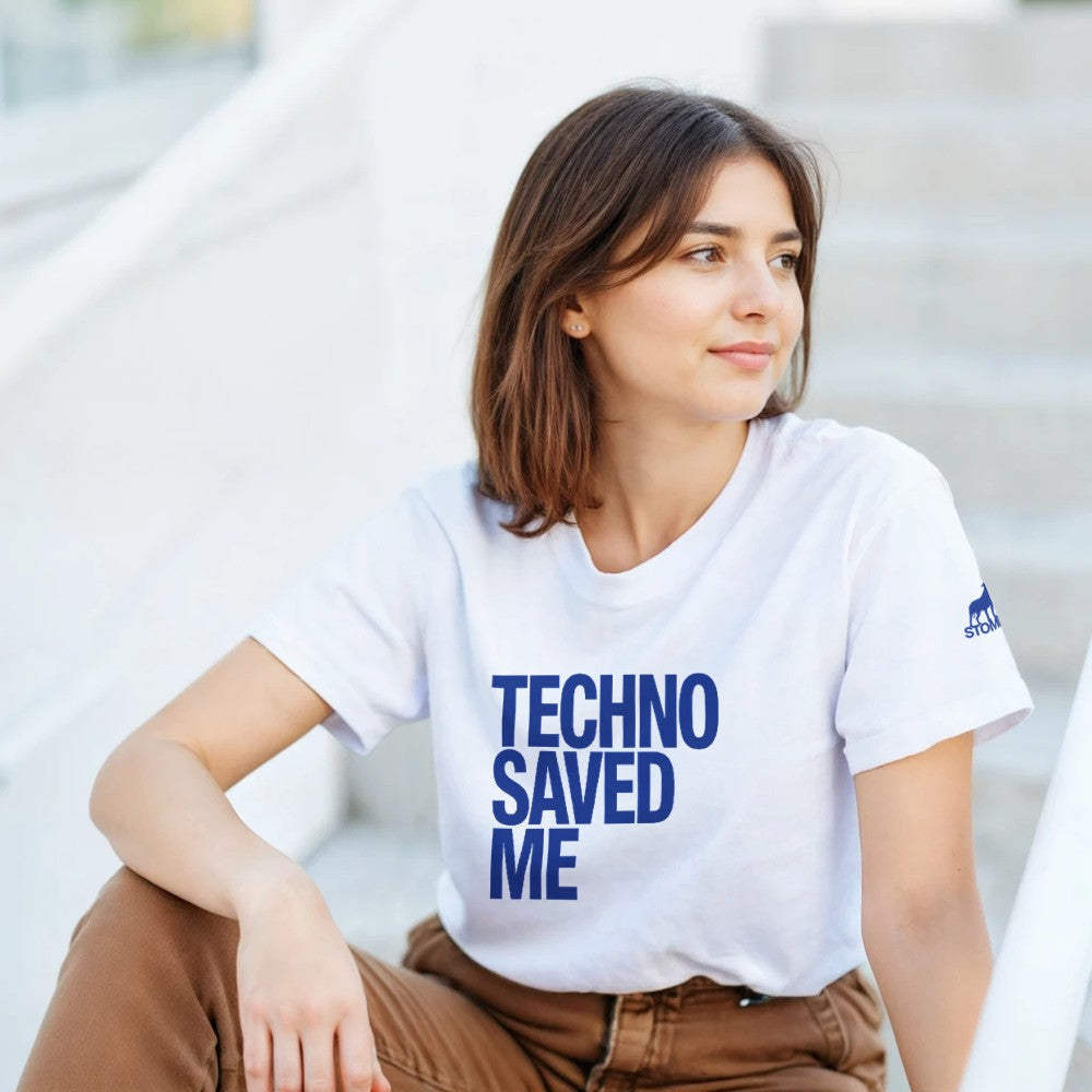 Techno Saved Me in big Blue bold font - unisex rave t-shirt - white