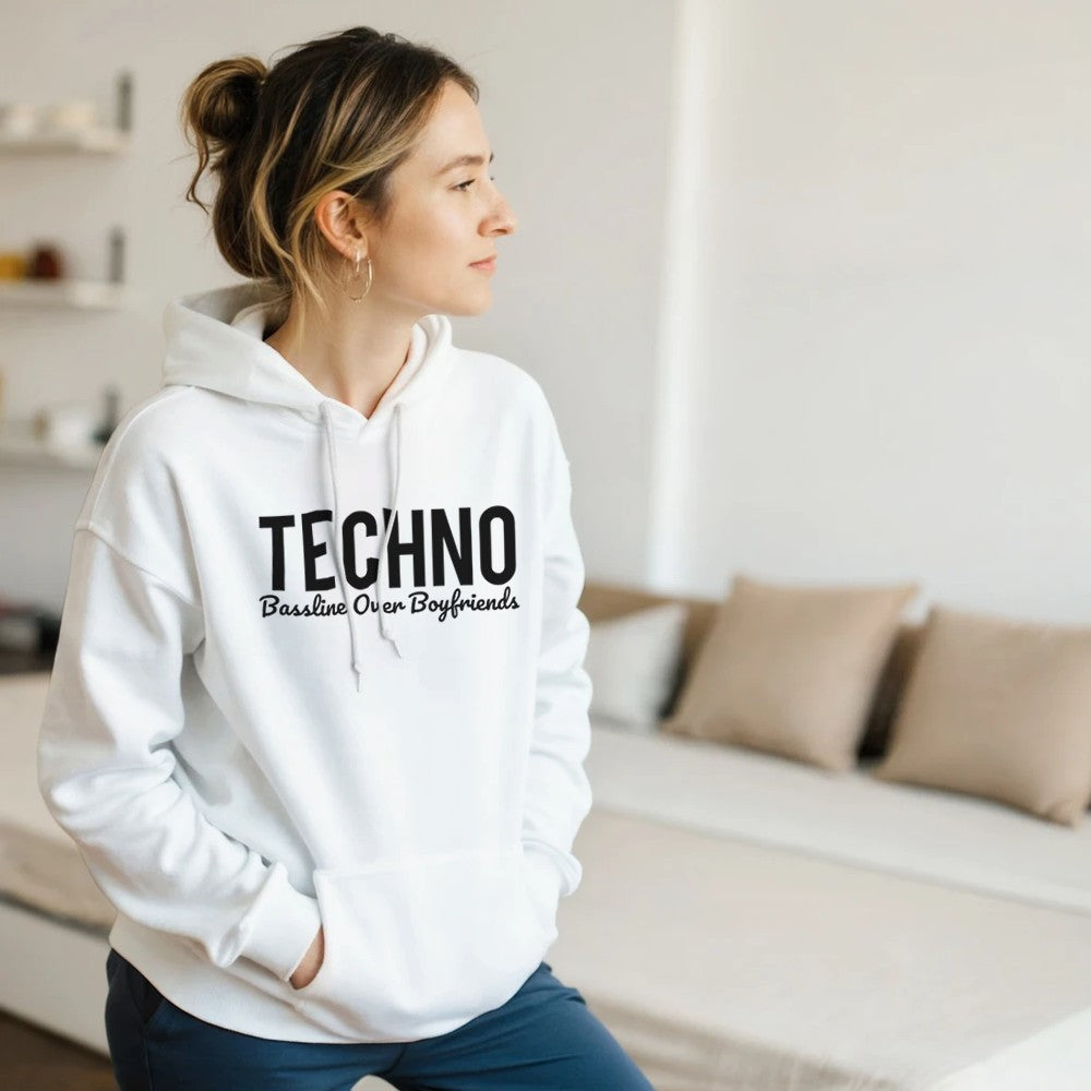 BASSLINE OVER BOYFRIENDS - FEMALE TECHNO RAVE HOODIE - WHITE