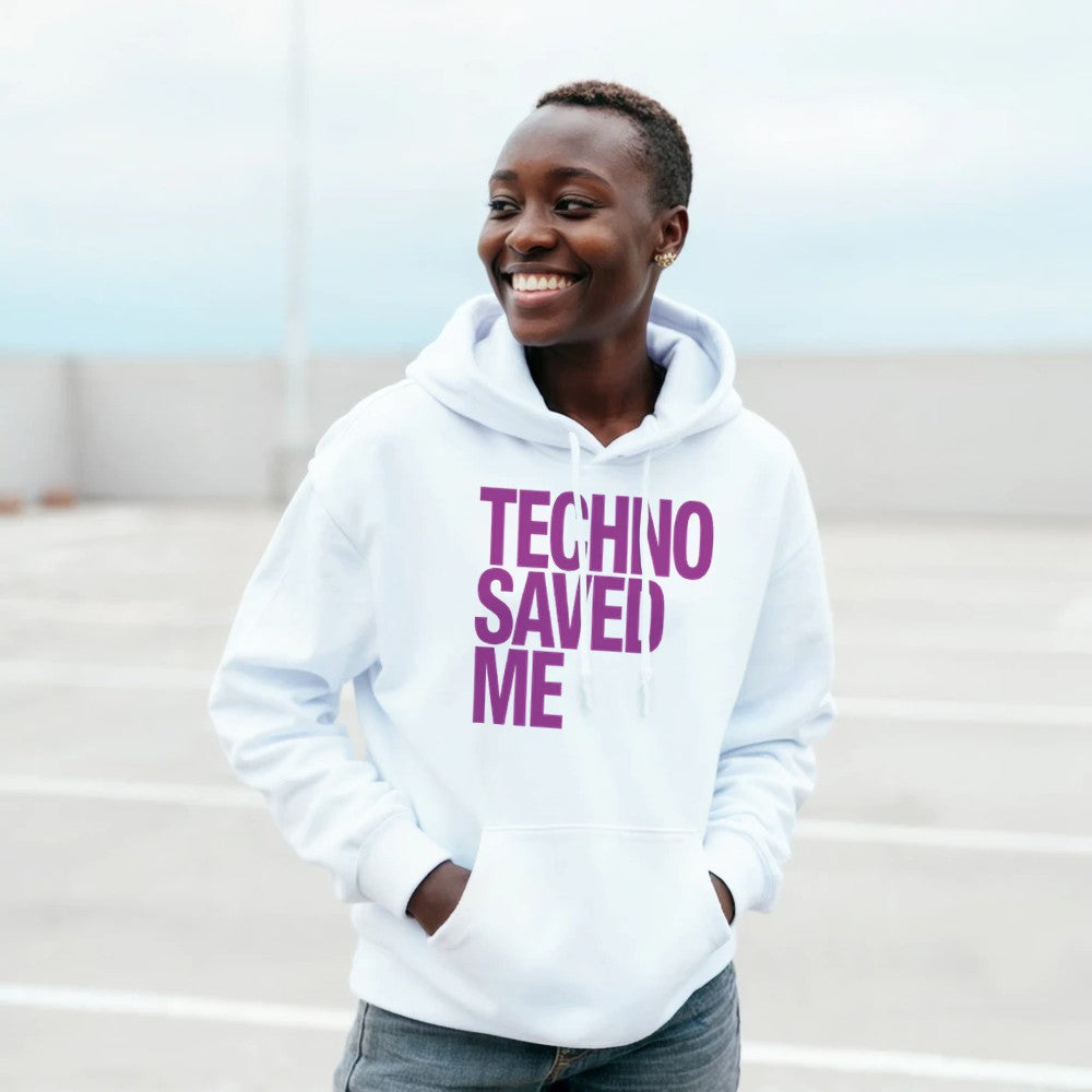 Techno saved me in big bold pink lettering - unisex rave hoodie - white
