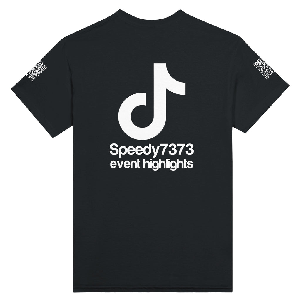 a black Rave t-shirt with a white custom Tiktok handle and custom QR codes on the arms of the shirt - RaveLink