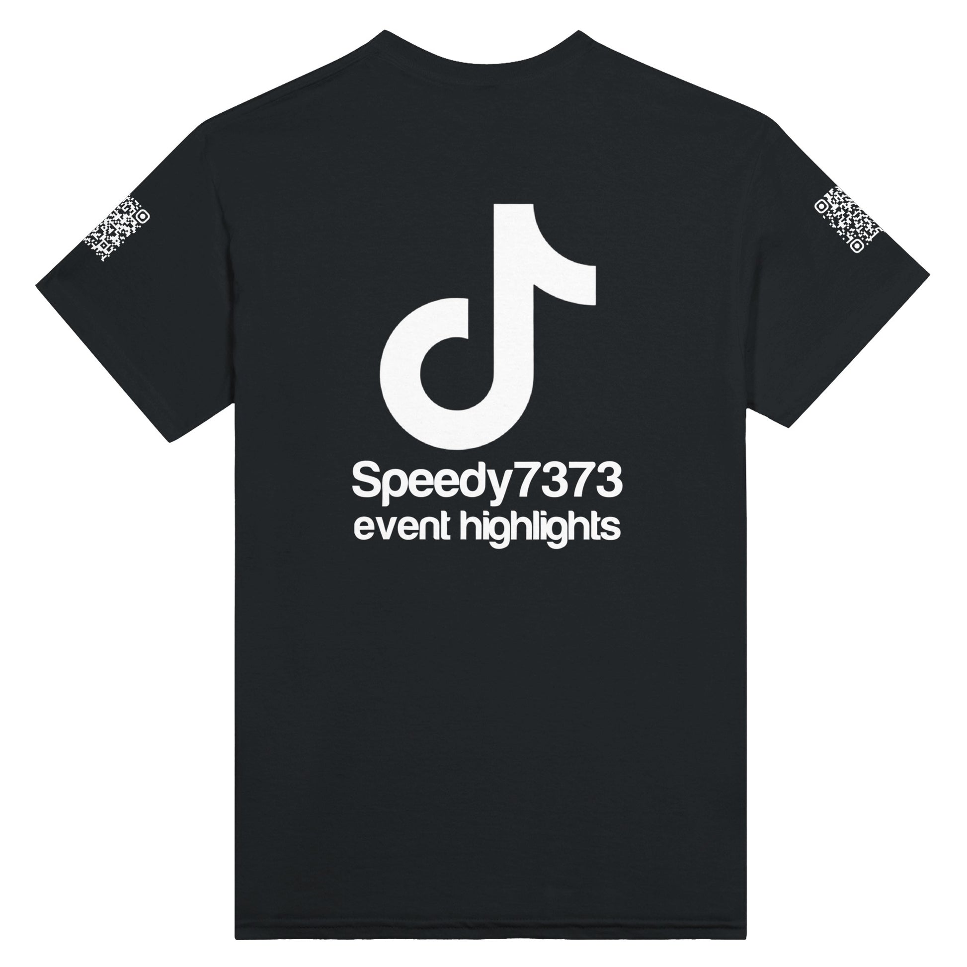 a black Rave t-shirt with a white custom Tiktok handle and custom QR codes on the arms of the shirt - RaveLink