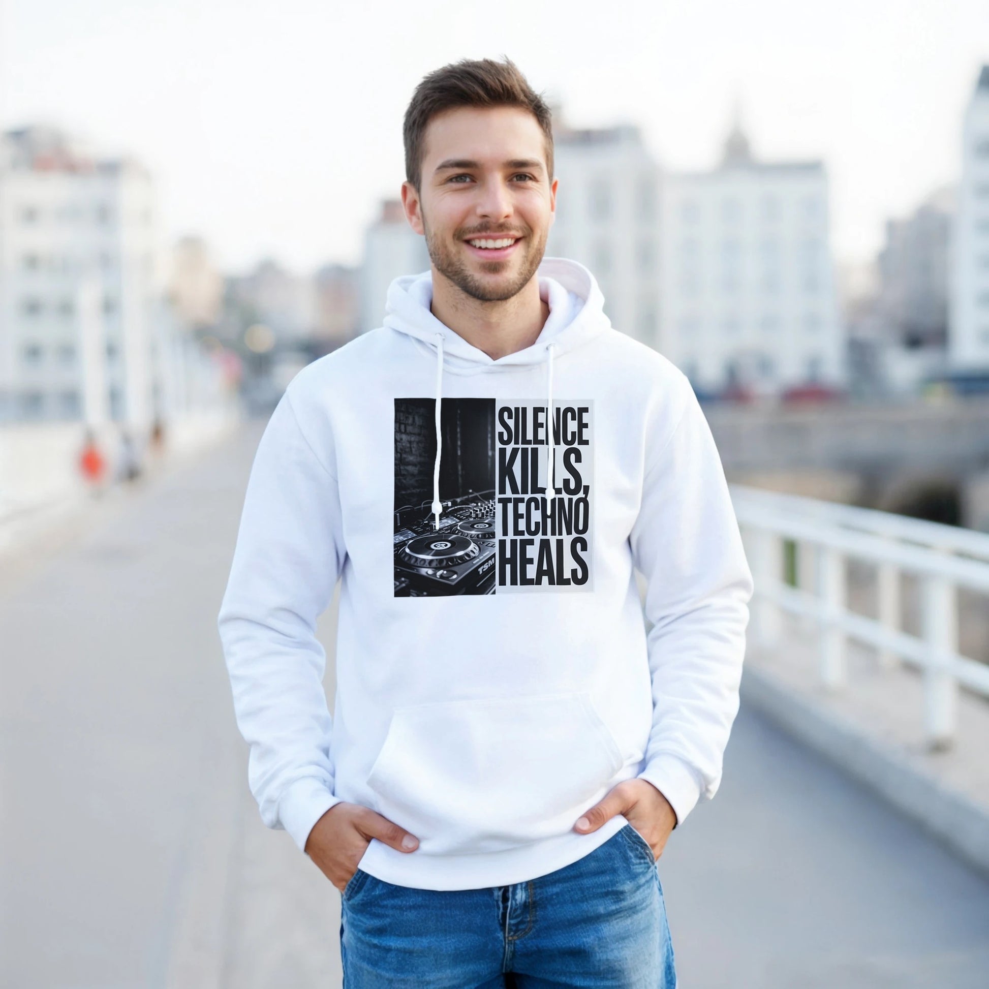 Silence Kills Techno Heals unisex rave hoodie white front view