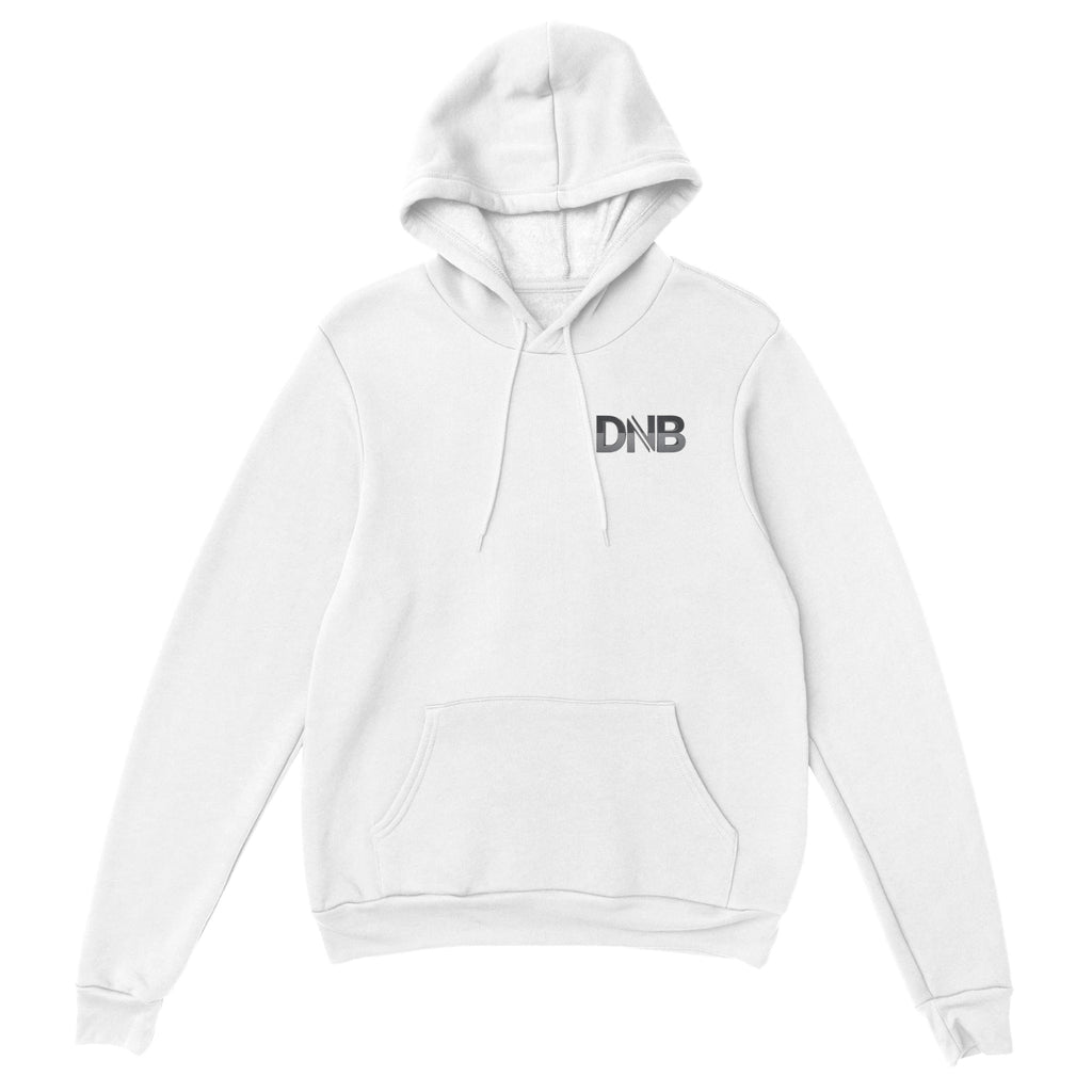 White hoodie with 'DNB' logo on a white background. Drum and bass 