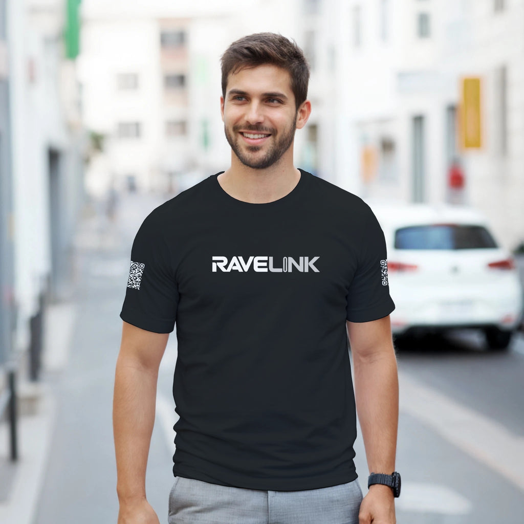 a black Rave t-shirt with a white custom Tiktok handle and custom QR codes on the arms of the shirt - RaveLink