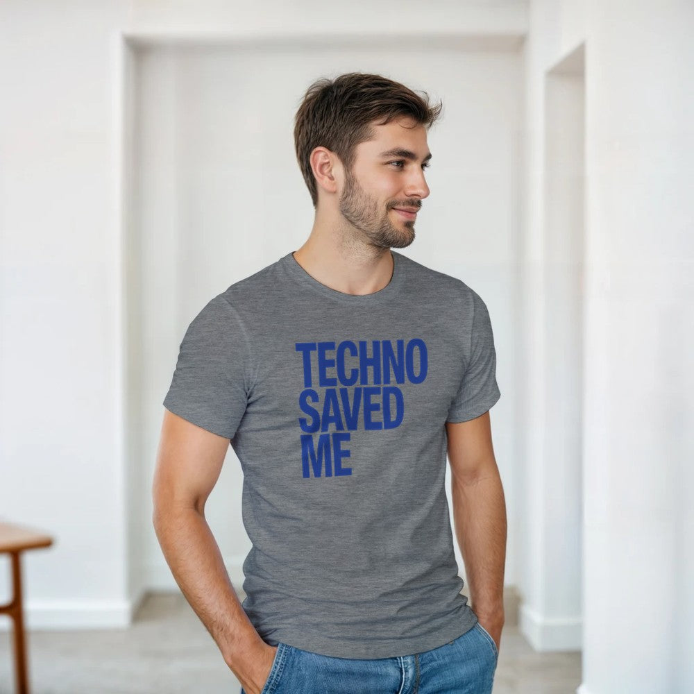 Techno Saved Me in big Blue bold font - unisex rave t-shirt - grey