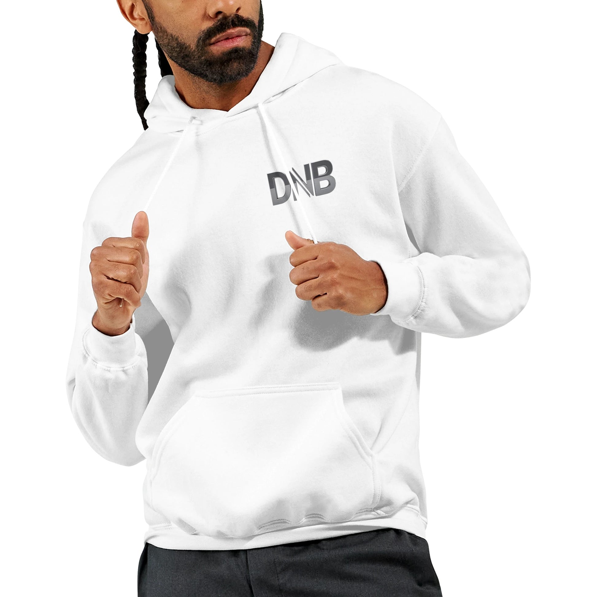Person wearing a white hoodie with 'DNB' logo on a white background