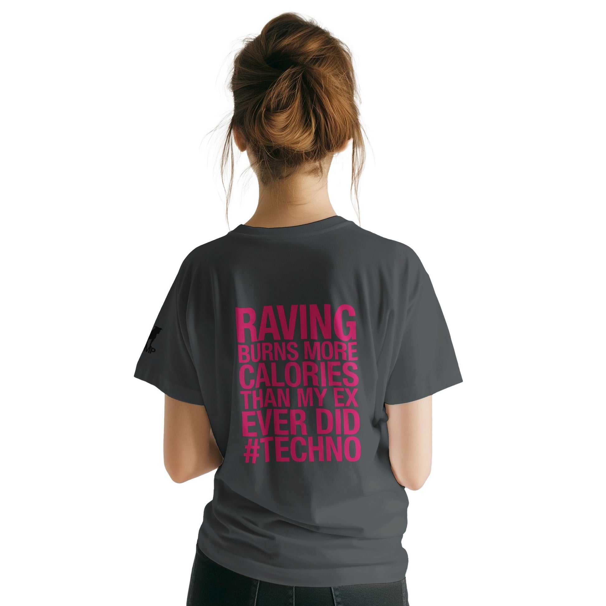 Unisex Dark Grey tshirt for Adults – Music Festival Streetwear Rave Clothing – Techno, EDM, DJ Shirt - raving burns more calories than my ex ever did print