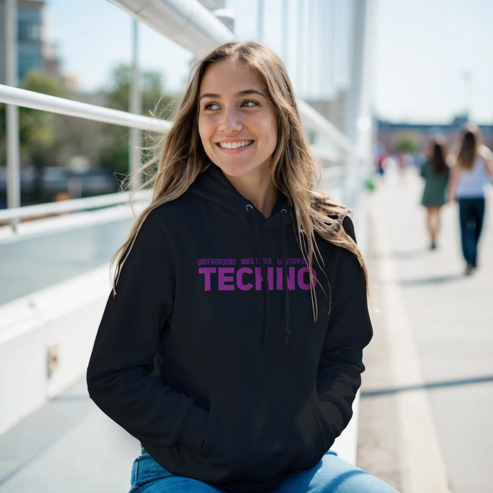underground unfiltered unstoppable in big bold pink font - unisex techno rave stomp hoodie - black