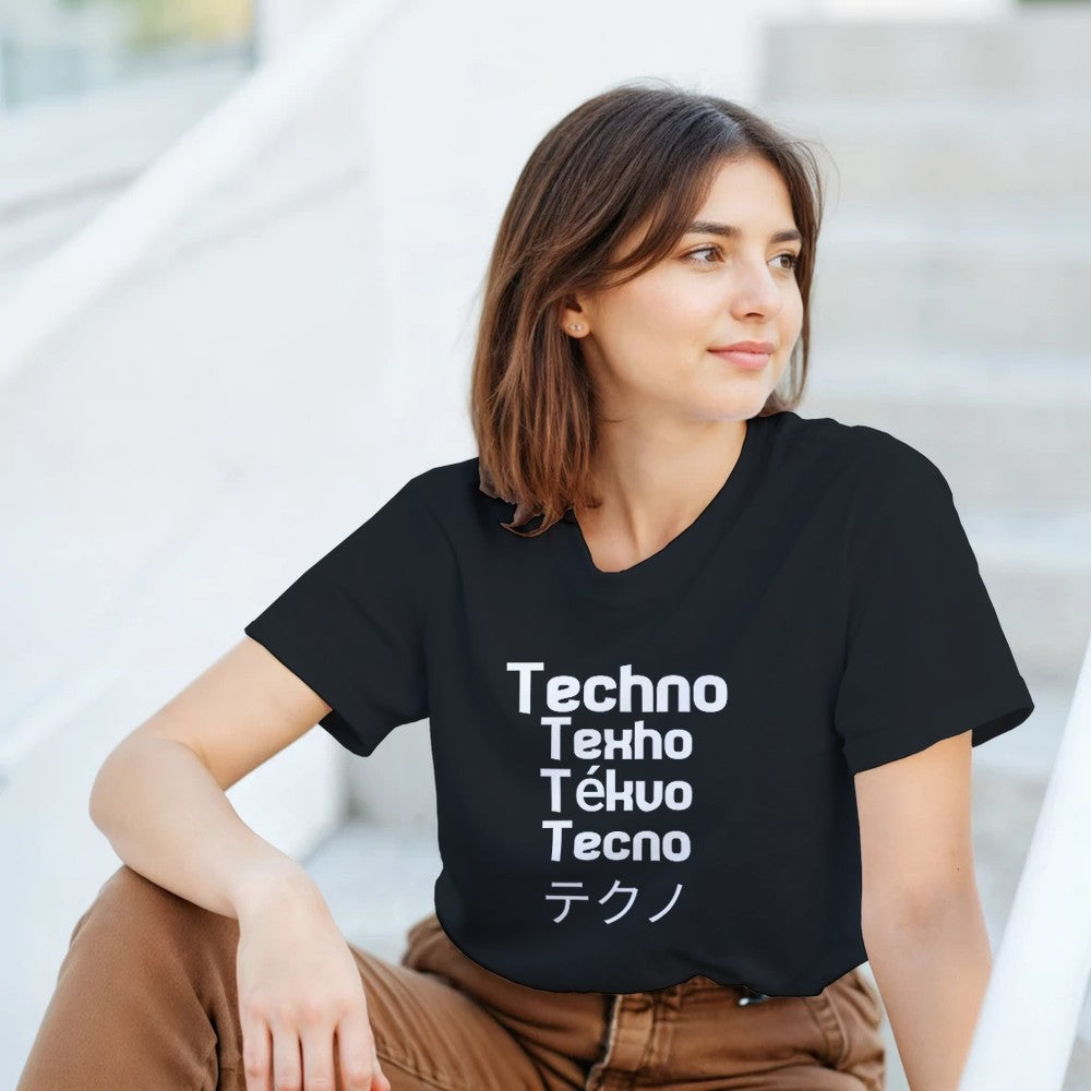 techno in different languages in a big bold white font - unsex t-shirt - black
