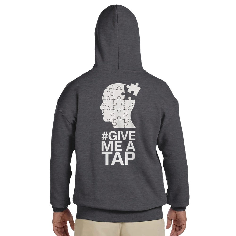 Unisex Grey Hoodie for Adults – Music Festival Streetwear Rave Clothing – Techno, EDM, DJ Shirt -  an image og a head made of puzzle pieces and the #give me a tap print