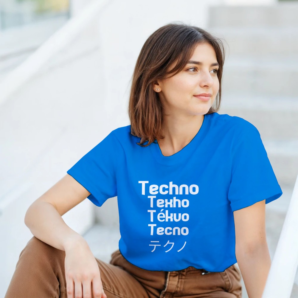 techno in different languages in a big bold white font - unsex t-shirt - blue