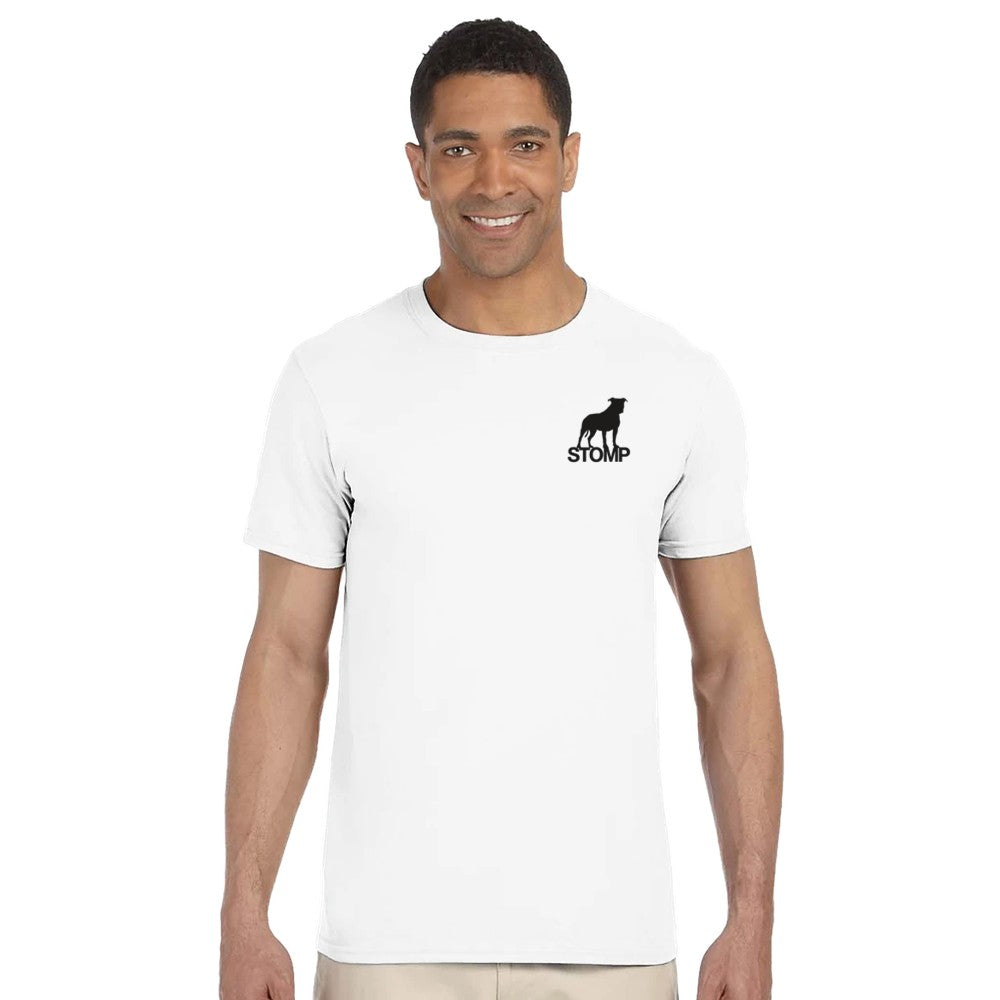 Man wearing a white t-shirt with a logo and text on a white background