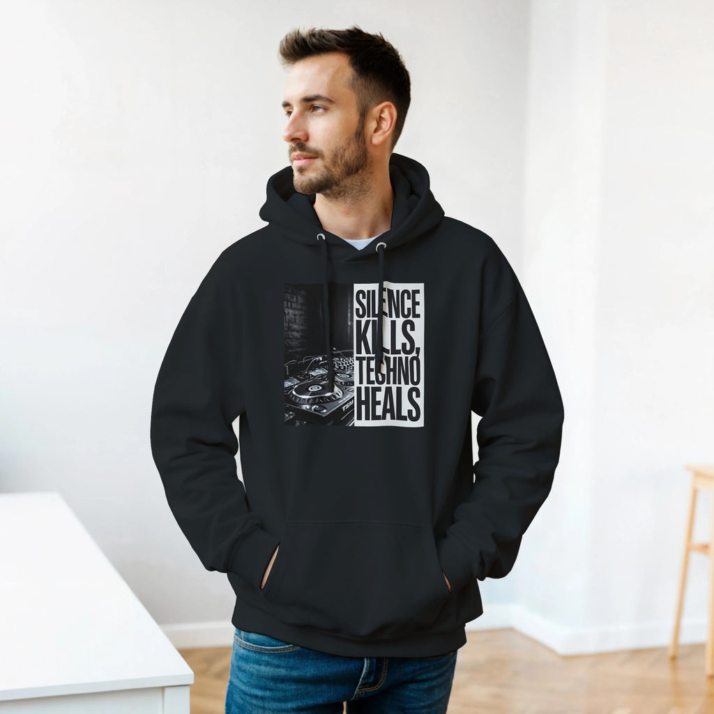Silence Kills Techno Heals unisex rave hoodie black  front view