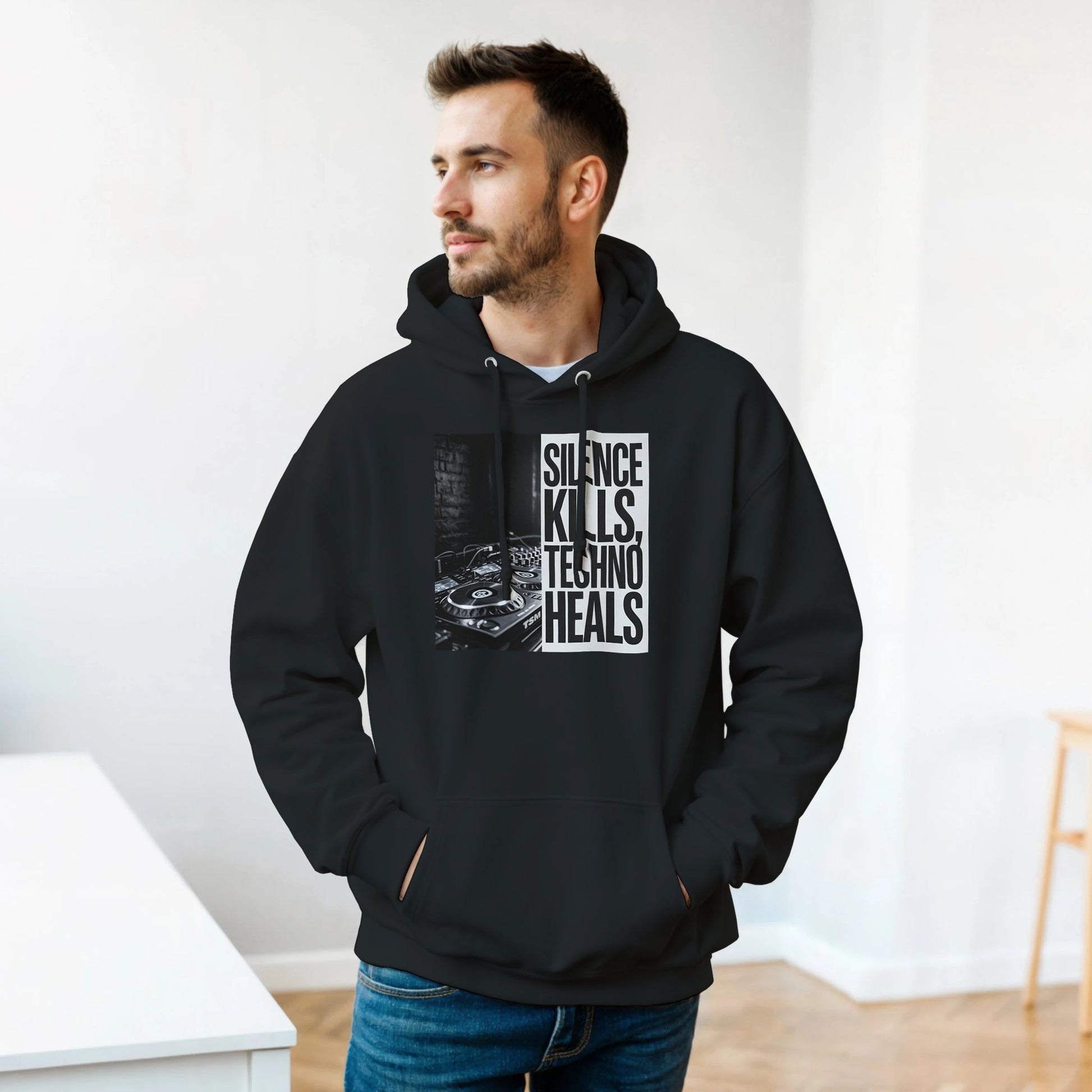 Silence Kills Techno Heals unisex rave hoodie black  front view
