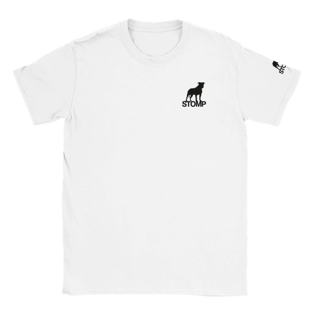 White tshirt with the Stomp logo. Drum and bass