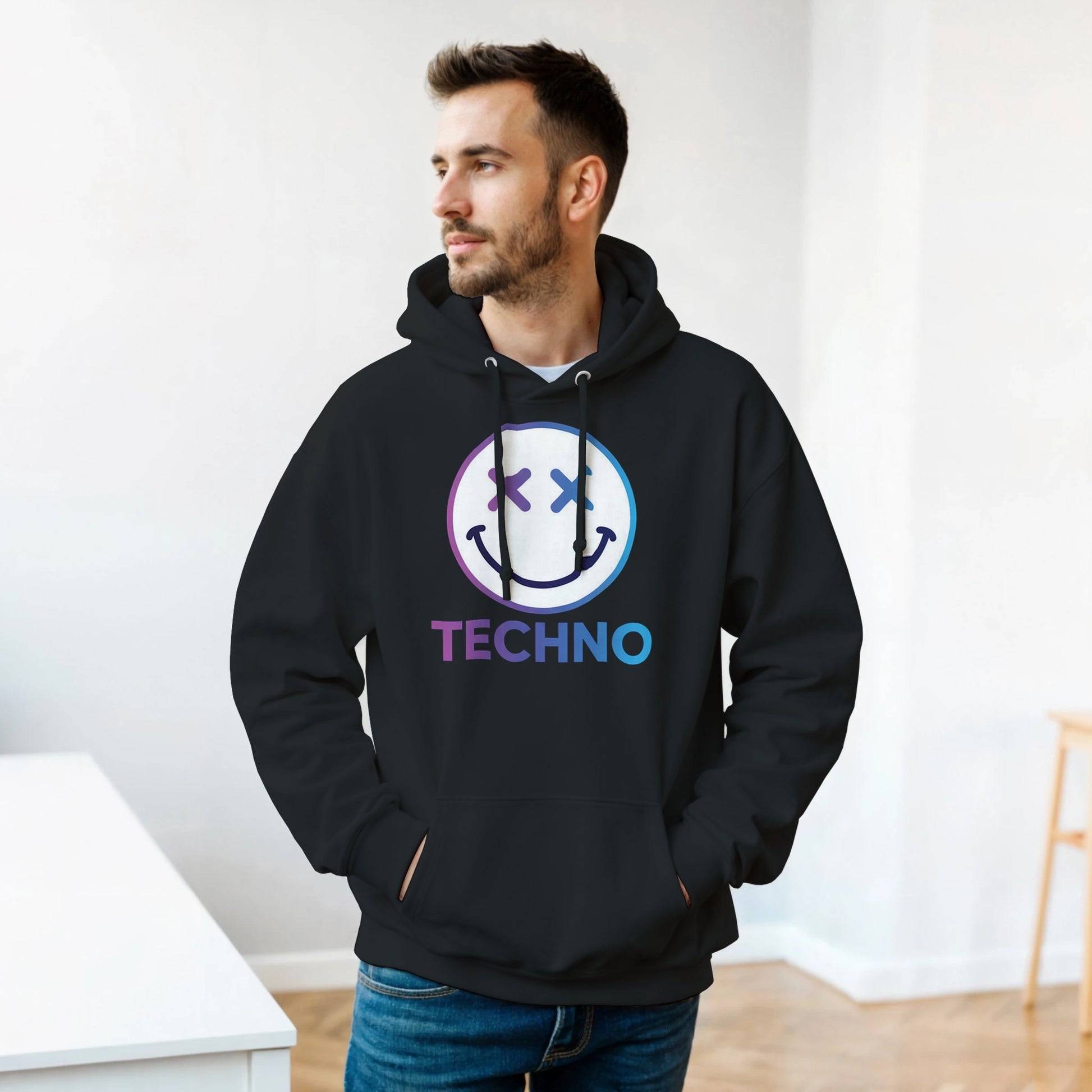 Techno smiley unisex hoodie cross eyes black front view