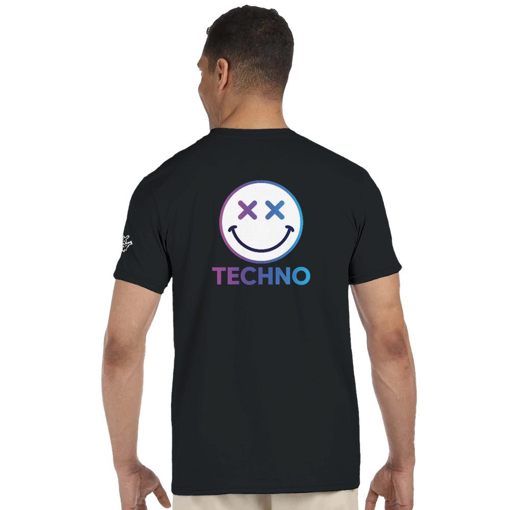 Unisex black t-shirt for Adults – Music Festival Streetwear Rave Clothing – Techno, EDM, DJ Shirt - a blue techno smiley print