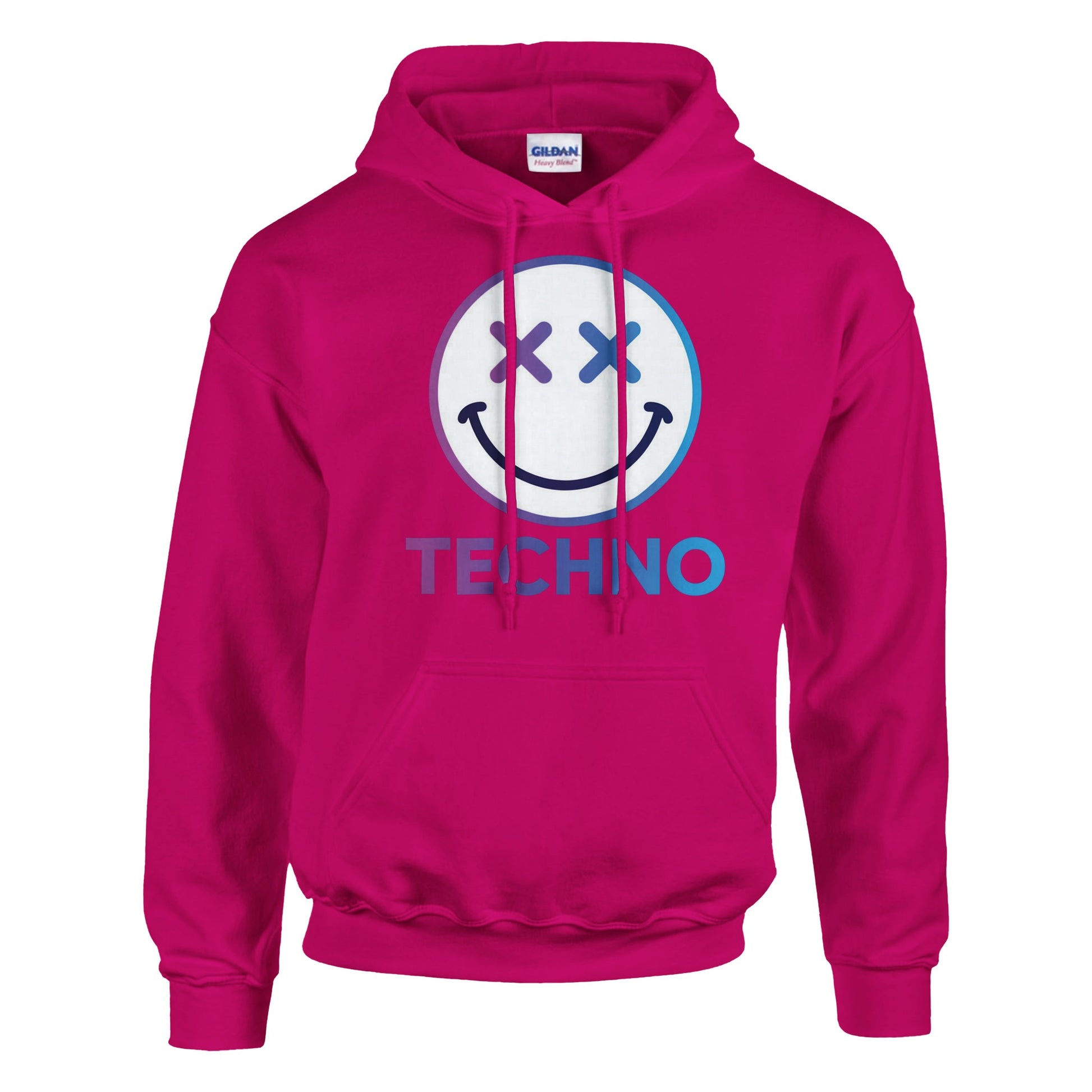 Techno smiley unisex hoodie cross eyes pink front view