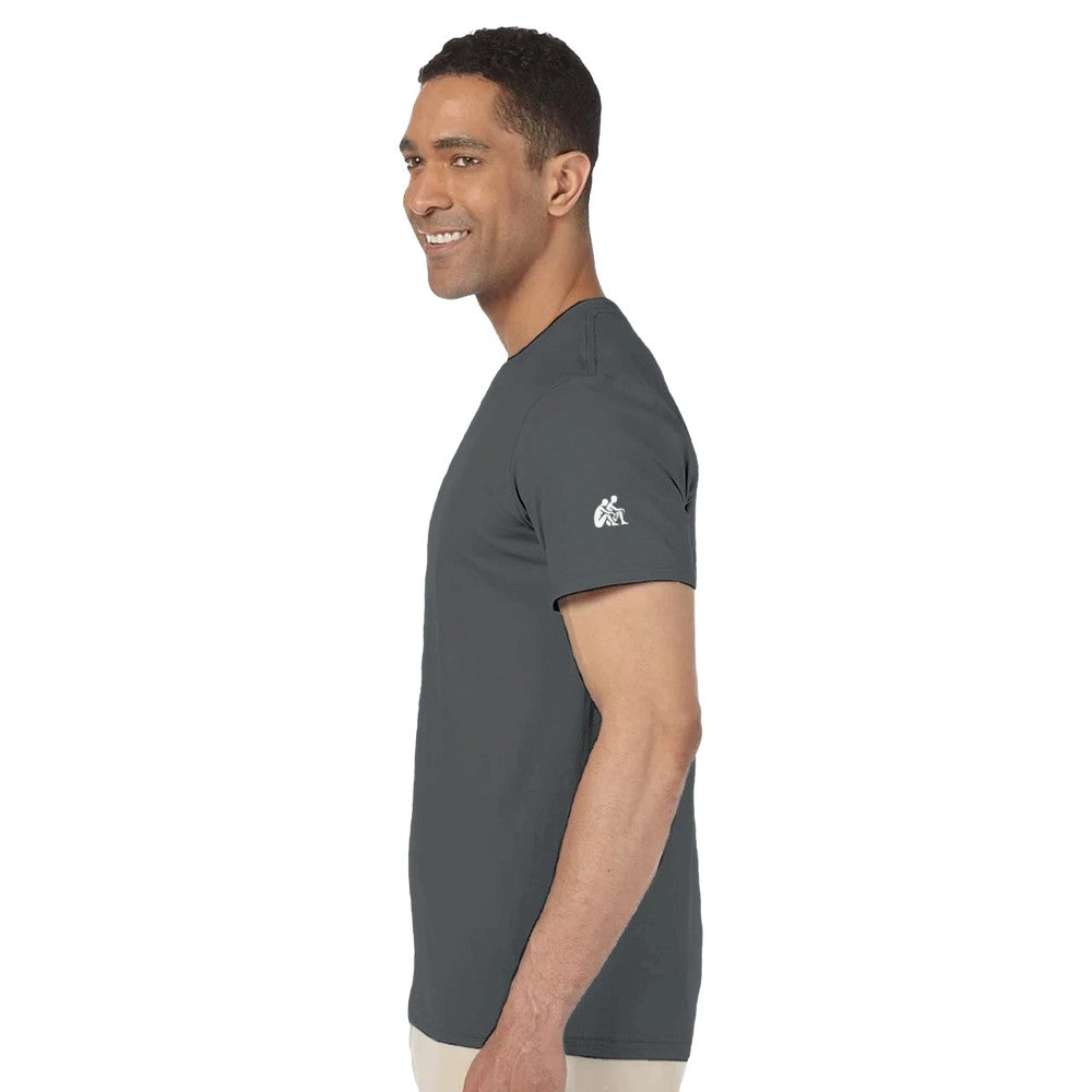 Man wearing a dark gray t-shirt with a logo on the sleeve against a white background