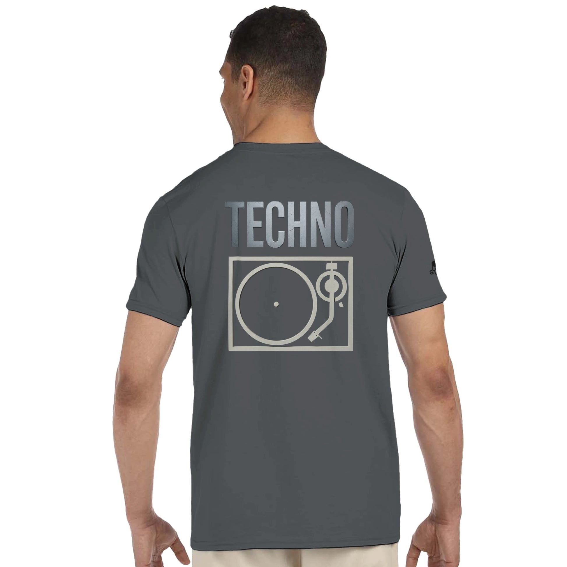 Unisex Grey T-shirt for Adults – Music Festival Streetwear Rave Clothing – Techno, EDM, DJ Shirt - The word techno and a turntable underneath