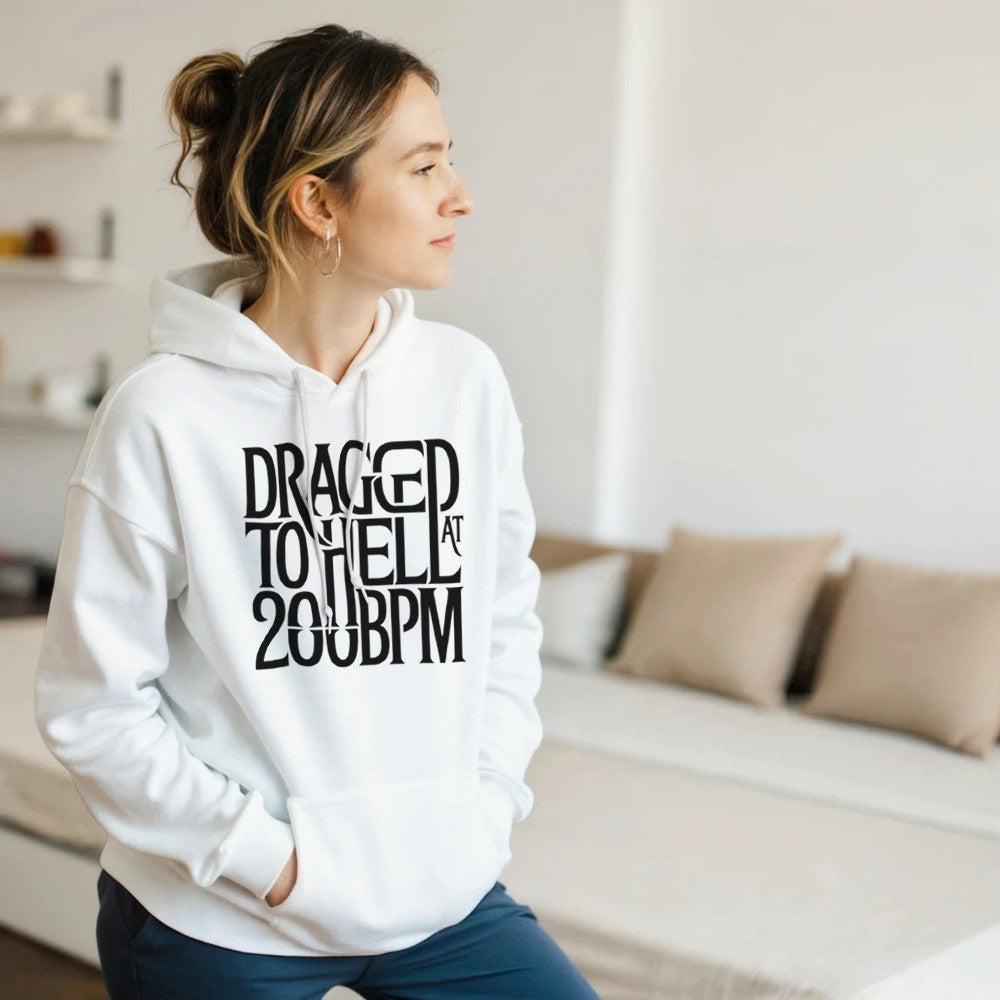 dragged to hell at 200bpm - Unisex rave hardcore hoodie - white