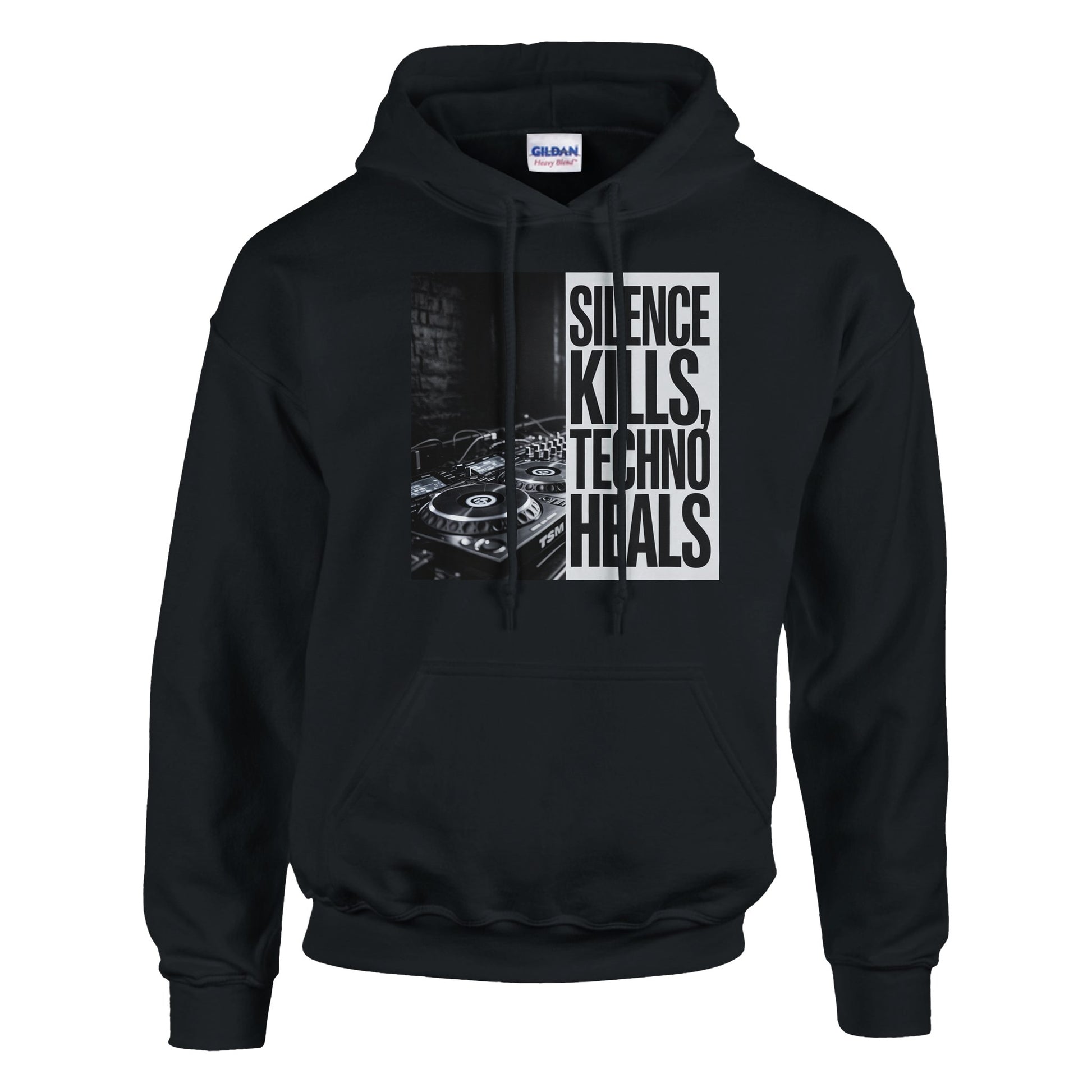 Silence Kills Techno Heals unisex rave hoodie black  front view