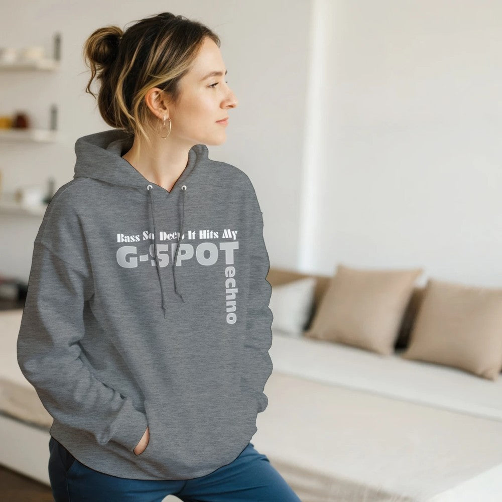 BASS SO LOW IT HITS MY G-SPOT - FEMALE TECHNO RAVE HOODIE - GREY