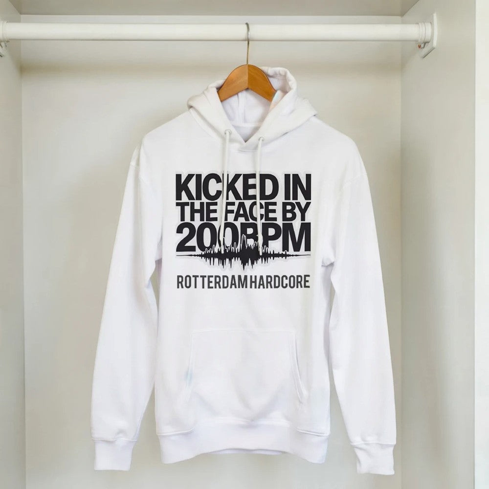 Kicked In The Face with 200bpm unisex hoodie - printed on the front - white