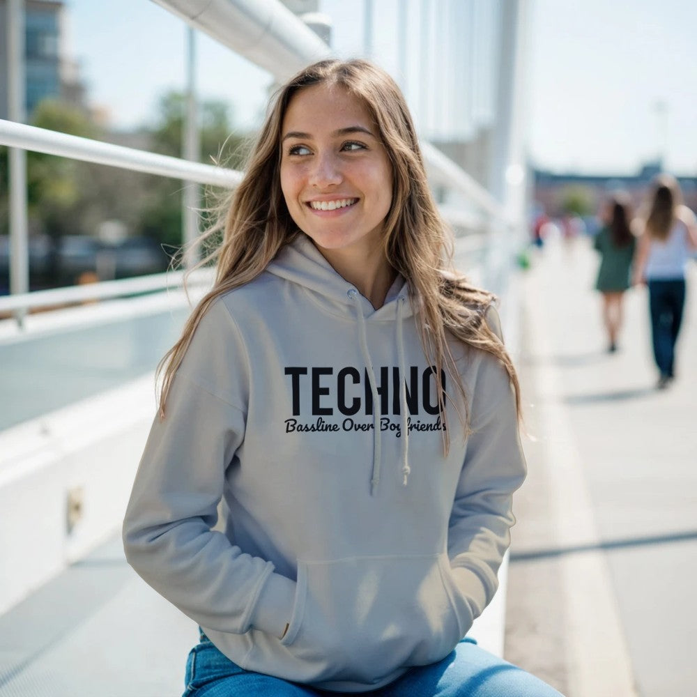 BASSLINE OVER BOYFRIENDS - FEMALE TECHNO RAVE HOODIE - OFF WHITE