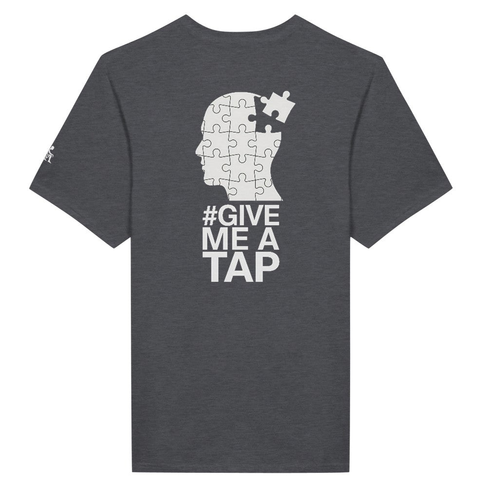 Unisex Grey T-shirt for Adults – Music Festival Streetwear Rave Clothing – Techno, EDM, DJ Shirt -  an image of a head made of puzzle pieces and the #give me a tap print