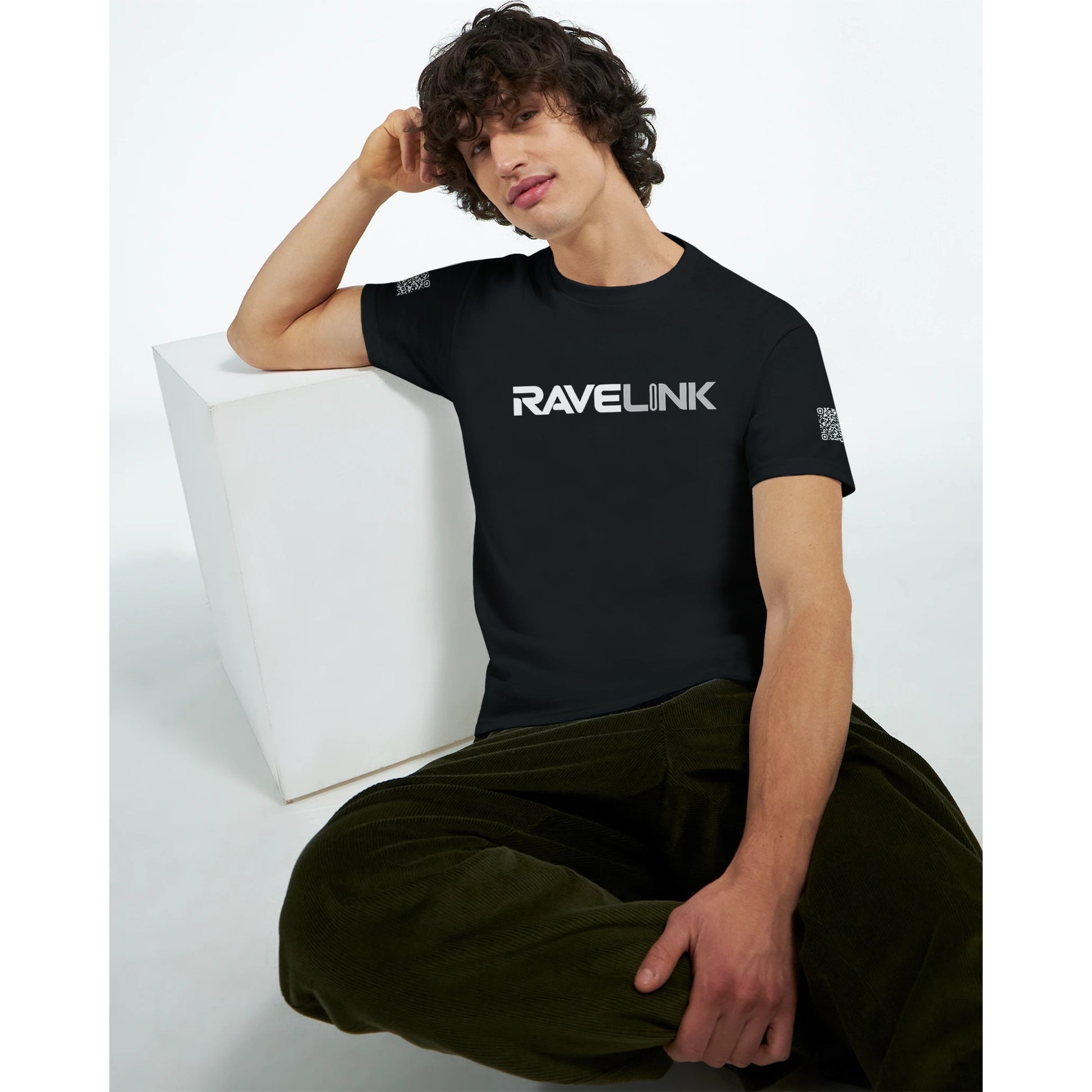 a black Rave t-shirt with a white custom Tiktok handle and custom QR codes on the arms of the shirt - RaveLink