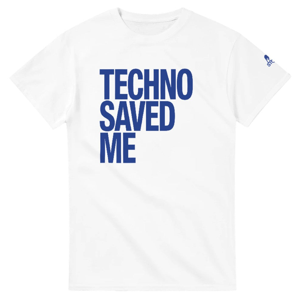 Techno Saved Me in big Blue bold font - unisex rave t-shirt - white