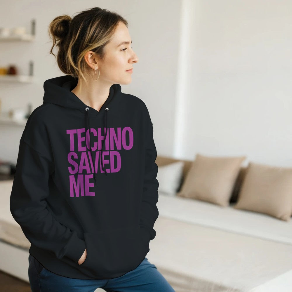 Techno saved me in big bold pink lettering - unisex rave hoodie - black