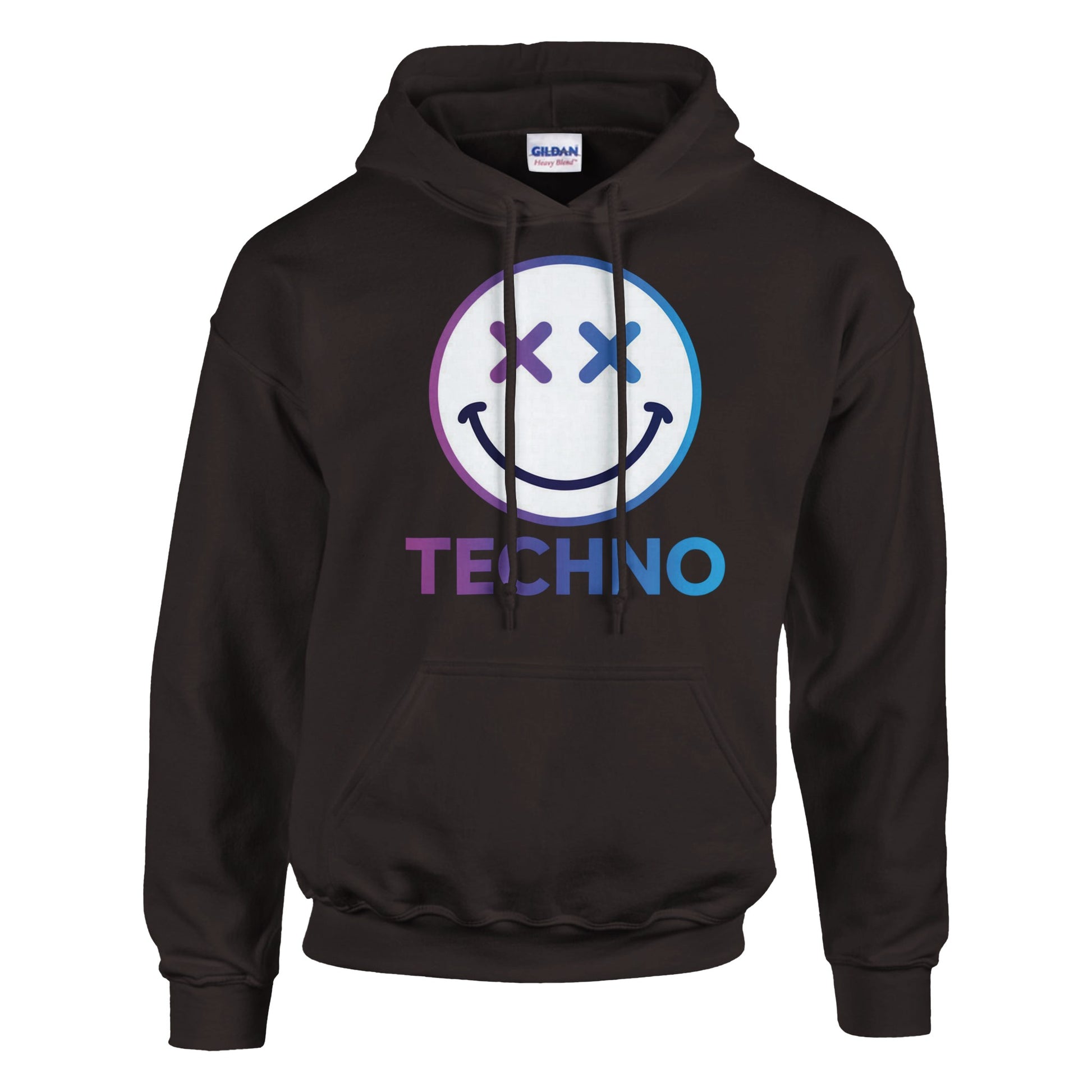 Techno smiley unisex hoodie cross eyes black front view