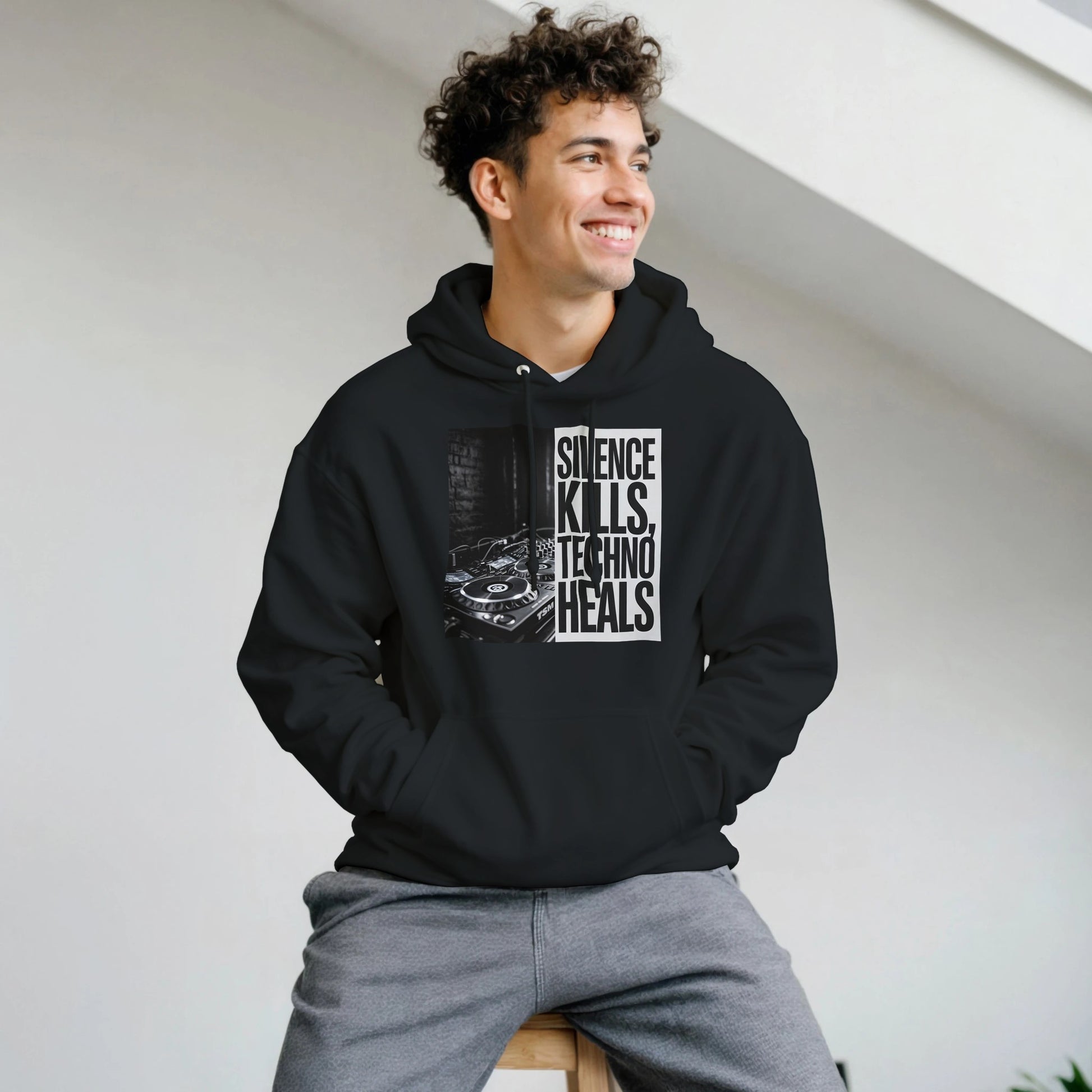 Silence Kills Techno Heals unisex rave hoodie black  front view