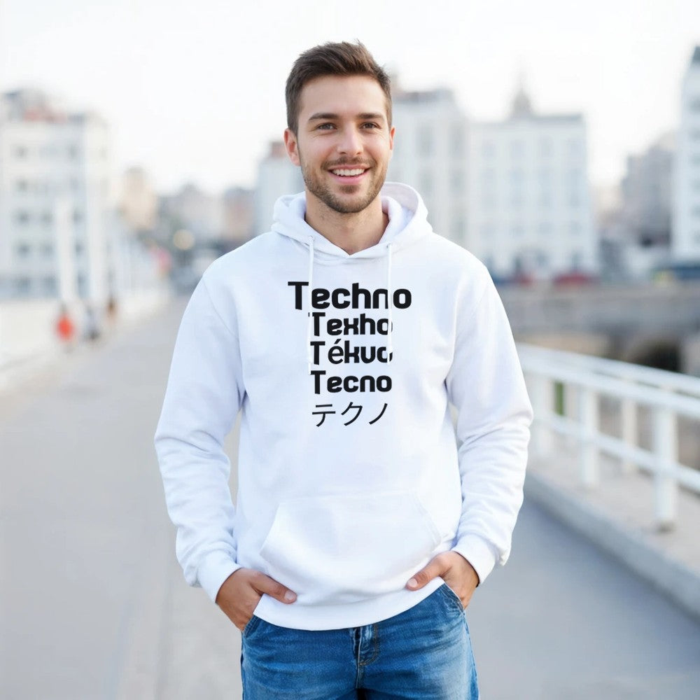 techno in different languages in a big bold black lettering - unisex rave hoodie - stomp - white