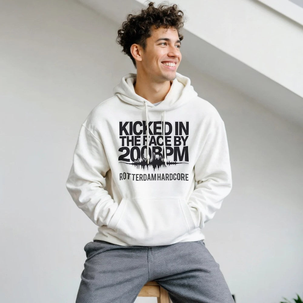 Kicked In The Face with 200bpm unisex hoodie - printed on the front - white