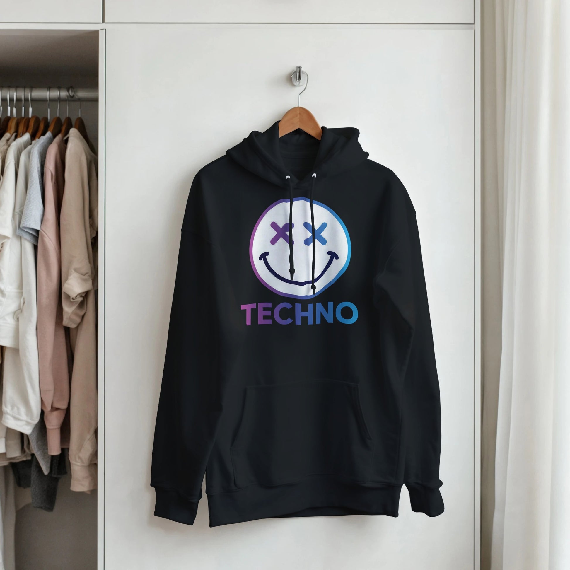 Techno smiley unisex hoodie cross eyes black front view
