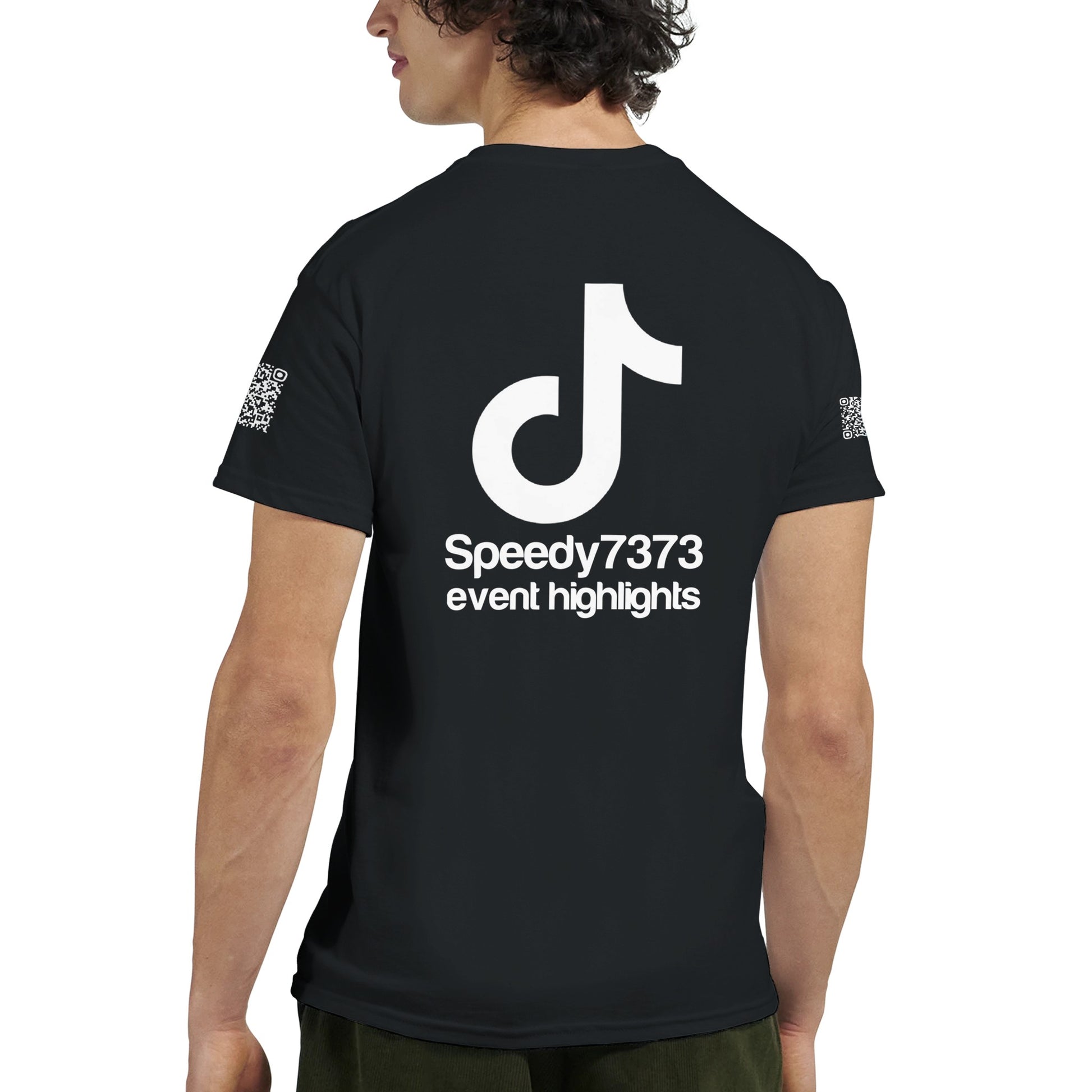 a black Rave t-shirt with a white custom Tiktok handle and custom QR codes on the arms of the shirt - RaveLink